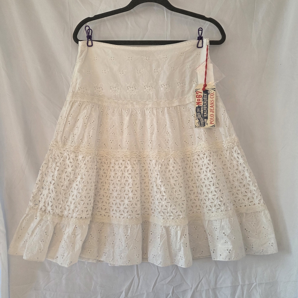 Ralph Lauren White Eyelet Lace Skirt 100% Cotton Knee Length Zipper Closure Sz8